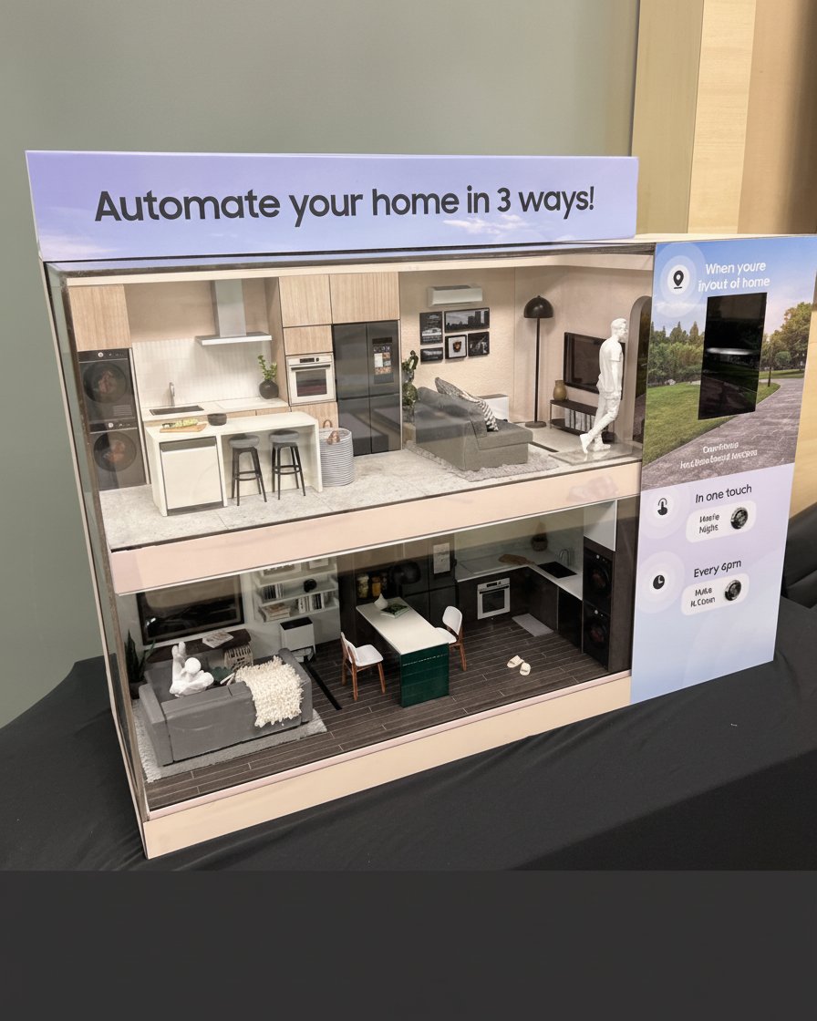Samsung two-storey smart home cutaway model, 'Automate your home in 3 ways' display