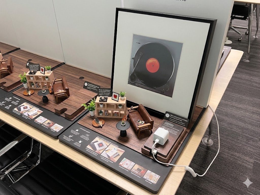 Miniature styled room-set built to show Samsung's Music Frame in a home setting