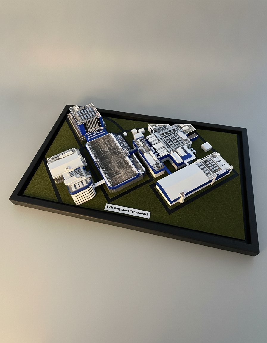 Precise scale model of the STMicroelectronics Singapore TechnoPark campus, finished as a director's gift